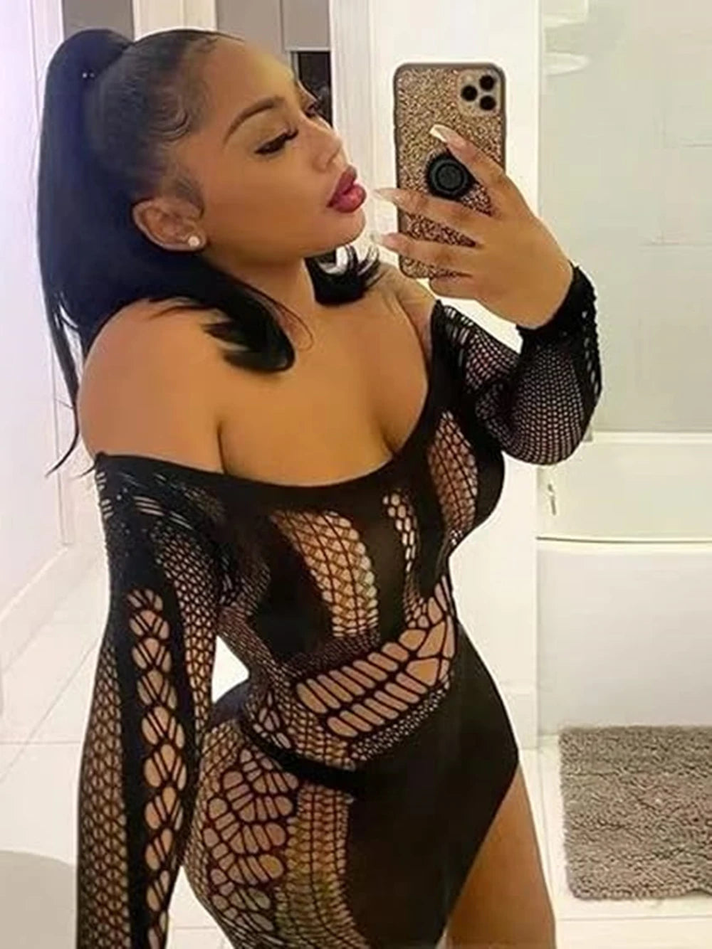 Amissié Women's Mini Bandage Dress, Sexy, Slim Fit, Babydoll, Square Neck with Gloves, Sexy, Backless, Nightclub