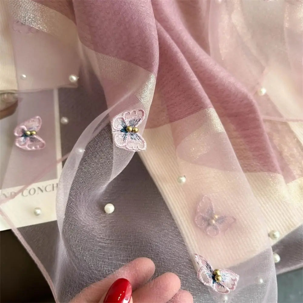 Grand Foulard Fin et Élégant avec Broderie Papillon, Châle Hijab de Luxe pour Femme
