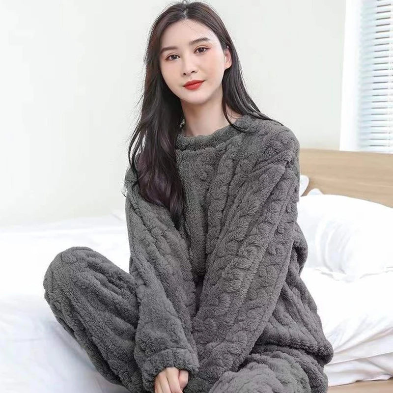 Women's warm, thick velvet pajama set, sweater and pants, bedding sets, warm, smiling, monochrome, casual, autumn, 2 pieces