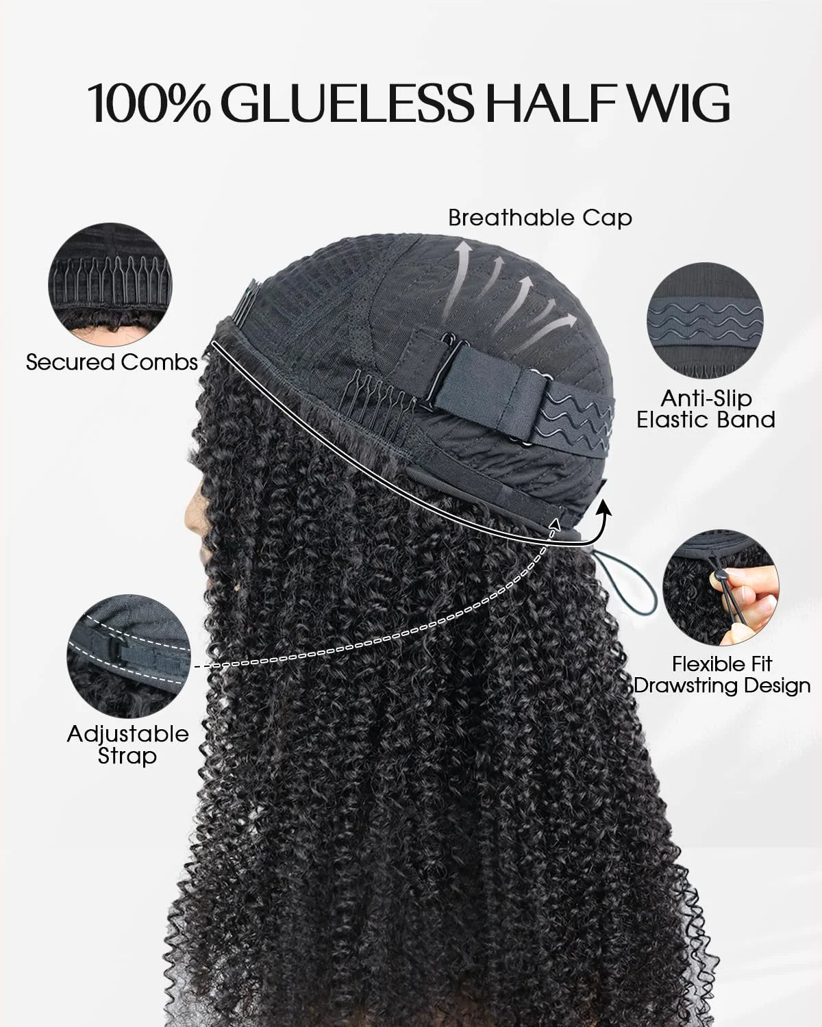 Crépus bouclés rabat sur perruque de cheveux humains demi perruques 250 densité 3 en 1 sans couture débutant amical sans colle porter et aller perruque bouclée