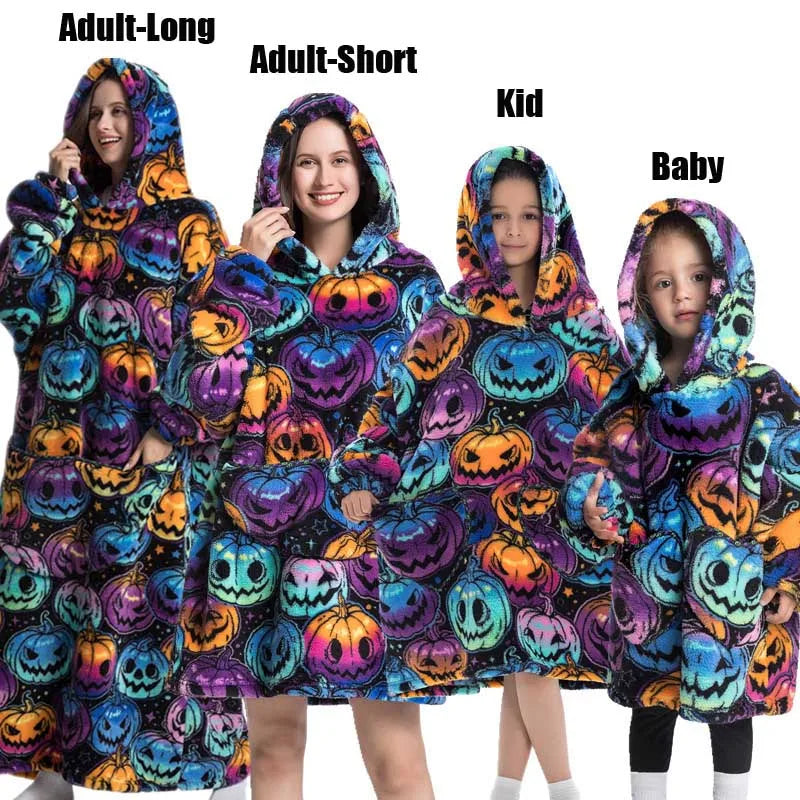 Sweat-shirt à capuche d'hiver pour femmes et hommes, pull polaire géant TV, couverture surdimensionnée avec manches, vêtements citrouille d'halloween pour adultes