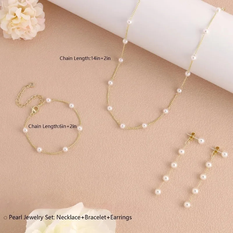 Women's gold jewelry set, delicate necklace and earrings set in 14k gold/silver plated pearls with dangle earrings, bracelets and necklace