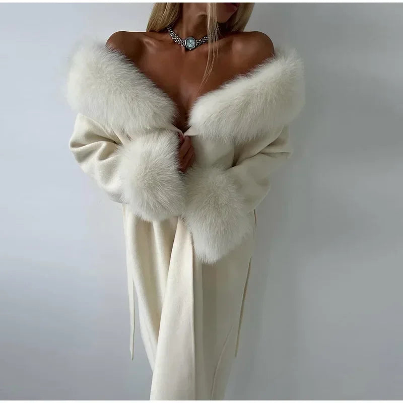 Manteau en laine pour femmes, Patchwork de fourrure solide, mode, manches longues, col en v, à lacets, pardessus Long ample, automne, bureau, vêtements d'extérieur pour dames