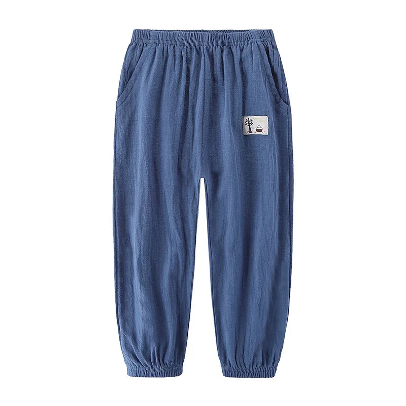 Pantalons pour enfants pour garçons et filles, en coton et lin, taille élastique, couleur unie, pantalons moustiques d'été, vêtements pour enfants, pantalons longs 100-160cm