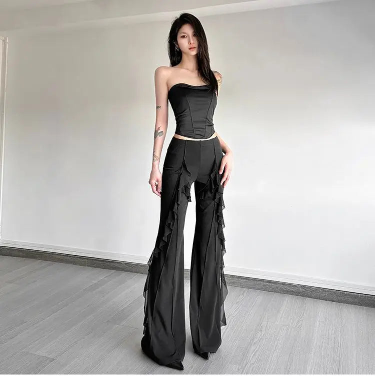 Women's high-waisted bootcut trousers, retro style, ruffled seams, with a sense of design, slimming trousers