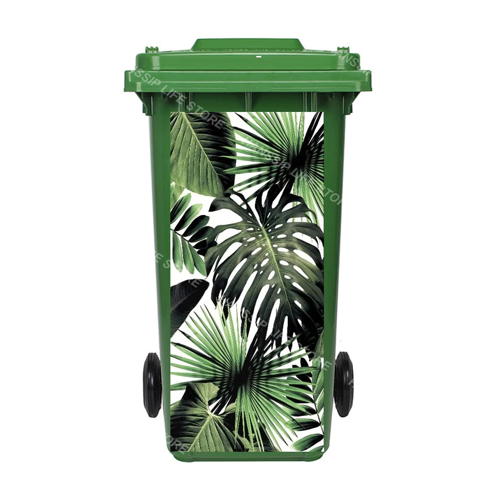 Autocollant imperméable en PVC pour poubelle d'extérieur, plantes tropicales, art mural, autocollants pour poubelle, pingouin et cuir chevelu