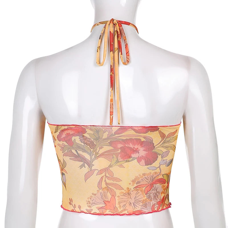 Haut court en maille transparente pour femmes, licou croisé à volants, sueurs féminins, vêtements de fête d'été, Y2K, Précieux, Vintage, Y-E-Girls