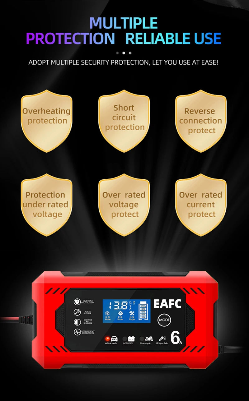 Chargeur de batterie de voiture, grand écran 6a 12V, dispositif de charge de batterie de voiture et de moto, batterie au plomb, réparation intelligente, écran LCD