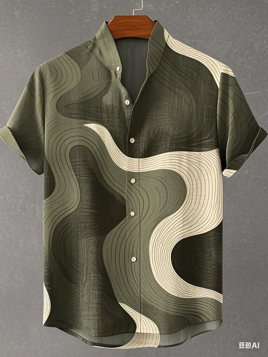 Chemise à manches longues et col montant pour homme, nouvelle collection printemps-automne, impression en 3D, rayures irrégulières