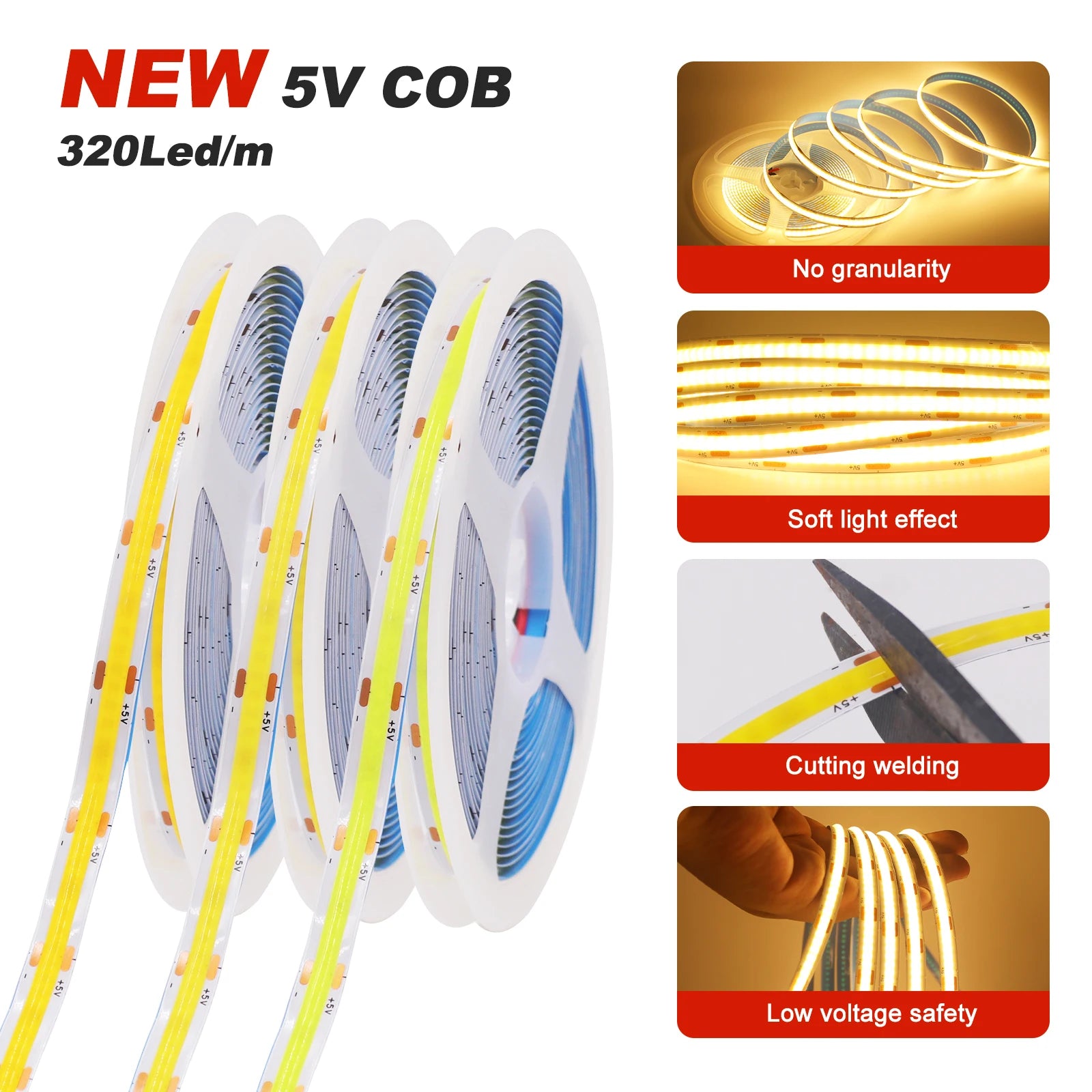 5V USB LED Strip Light, 320 LEDs/M COB, Dimmable Touch Sensor Switch/Push Switch, DIY, TV Mirror, Backlighting, Night Light for Room