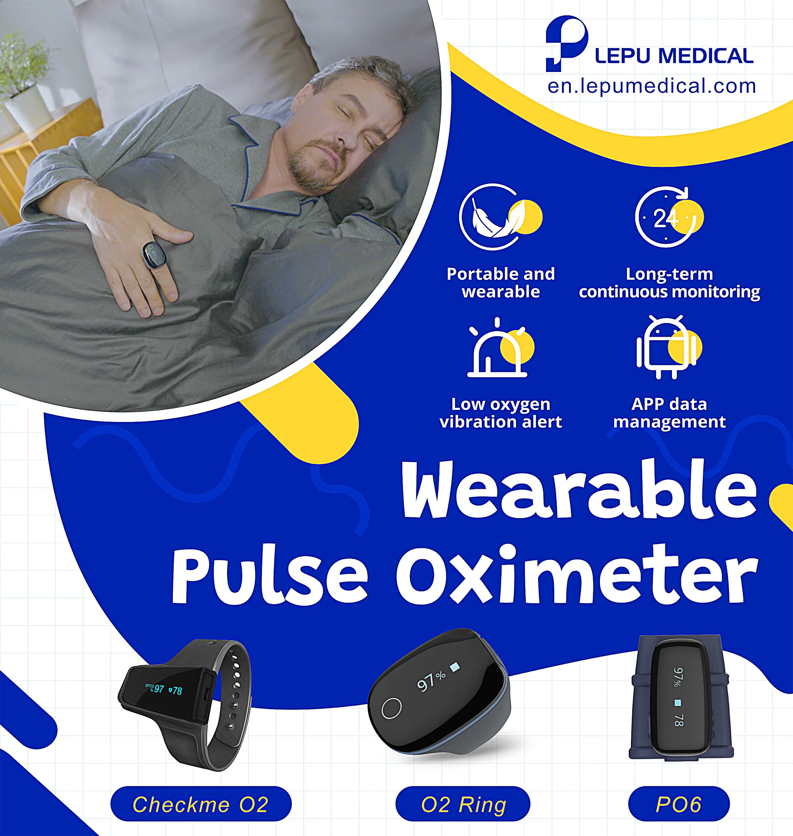 Oxymètre de sommeil Bluetooth Lepu, analyse de date, saturation en oxygène, appareil d'oxymétrie de nuit pendant le sommeil