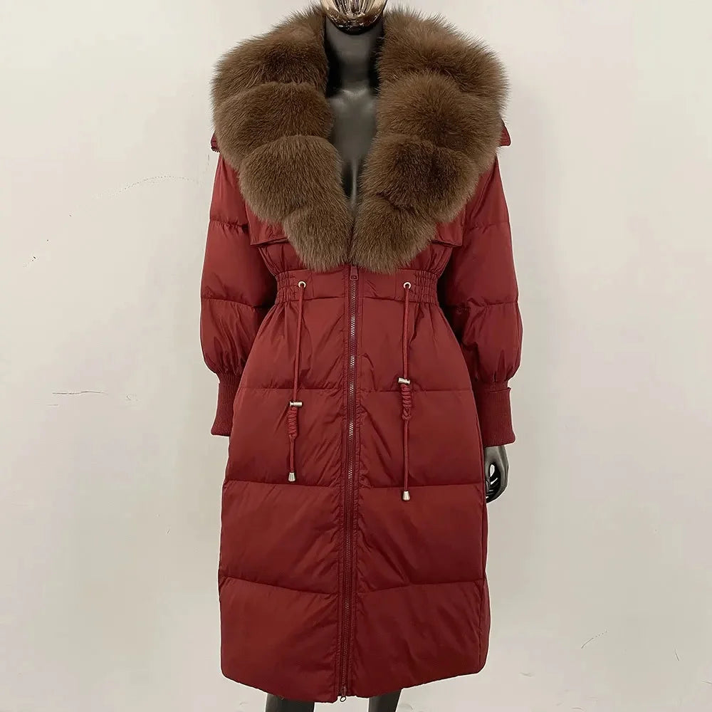 Doudoune longue avec col en fourrure pour femme, pardessus en fourrure de renard, longueur aux genoux, à la mode, chaude, cintrée à la taille, vêtements d'extérieur amincissants