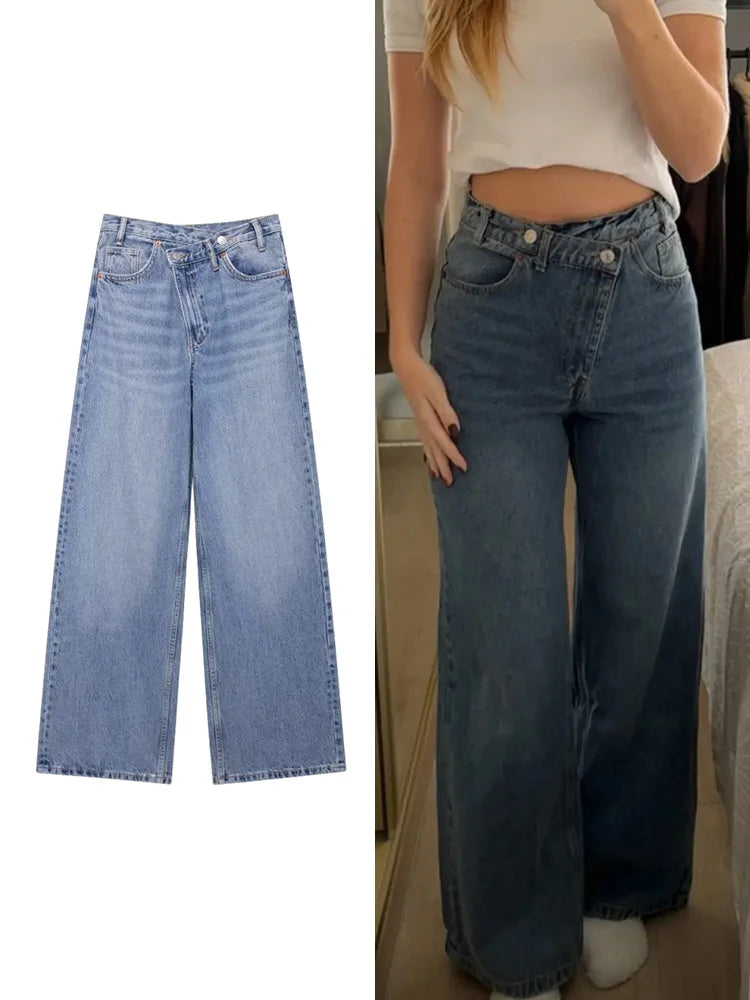 Jeans asymétriques à taille haute et à jambes larges pour femmes nouveaux modèles de base mode polyvalente pantalons droits pantalons