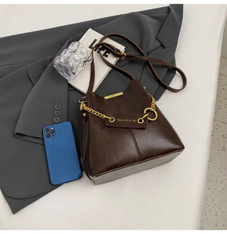 Women's PU leather chain bucket bag, Korean style handbag, shoulder bag, 2025 