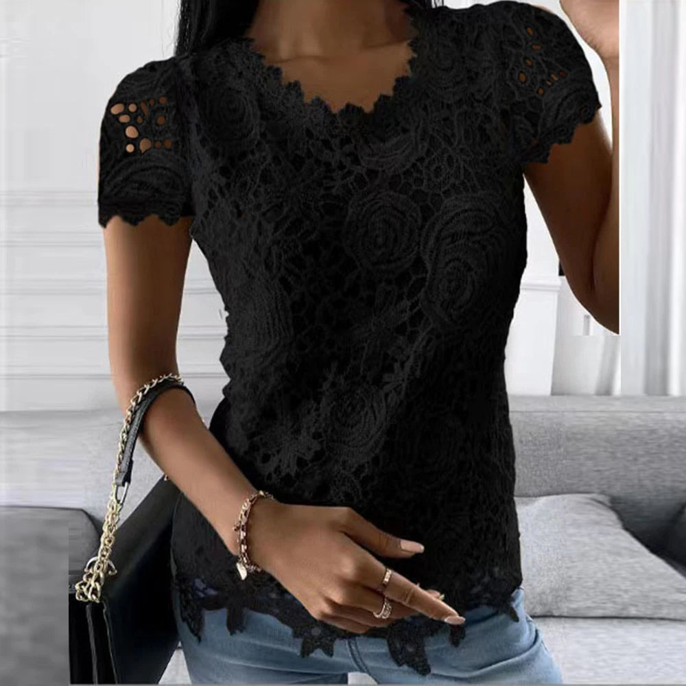 Femmes dentelle col rond hauts T-Shirts dames été décontracté à manches courtes Blouse pull mode vêtements pour