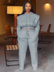 Znaiml gris tenue femmes Sport deux 2 pièces hiver sweat à capuche hauts et pantalons à jambes larges survêtement Streetwear Sportsuit 2025
