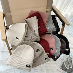 Écharpes coréennes avec nœud brodé pour enfants, bonnet doux pour enfants, chapeau épais pour filles et garçons, casquette chaude imbibée d'hiver, chapeaux mignons, 2 pièces