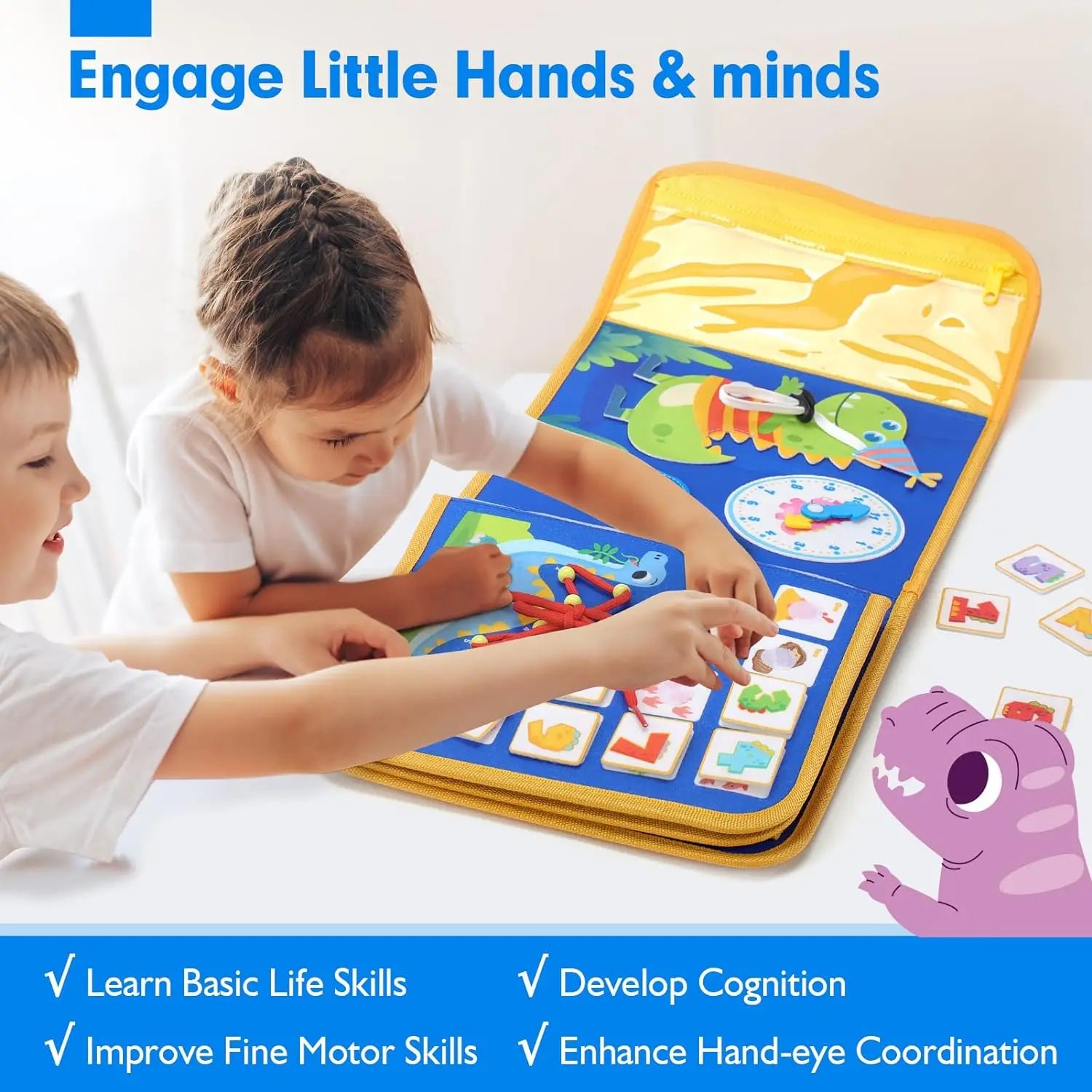 Planche occupée pour tout-petits, jouets Montessori, activités éducatives d'apprentissage, jouet de voyage, déguisement de dinosaure, sac à dos de compétences de vie sensorielle