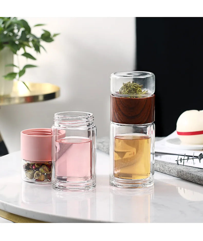Bouteille d'eau en verre double de haute qualité avec étui, bouteille de clics de thé, infuseur, gobelet, verres, bouteille d'eau écologique
