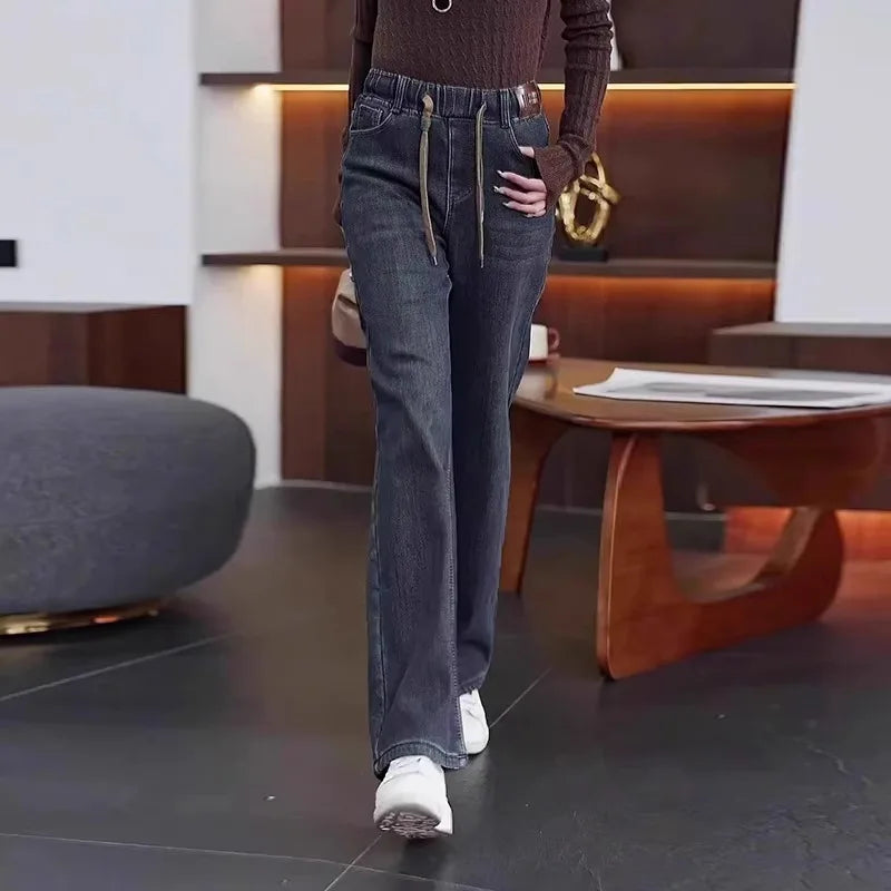 Jean ample à jambes larges, taille haute, bleu clair, grande taille, taille élastique, pantalon Dstring, pantalon Long amincissant