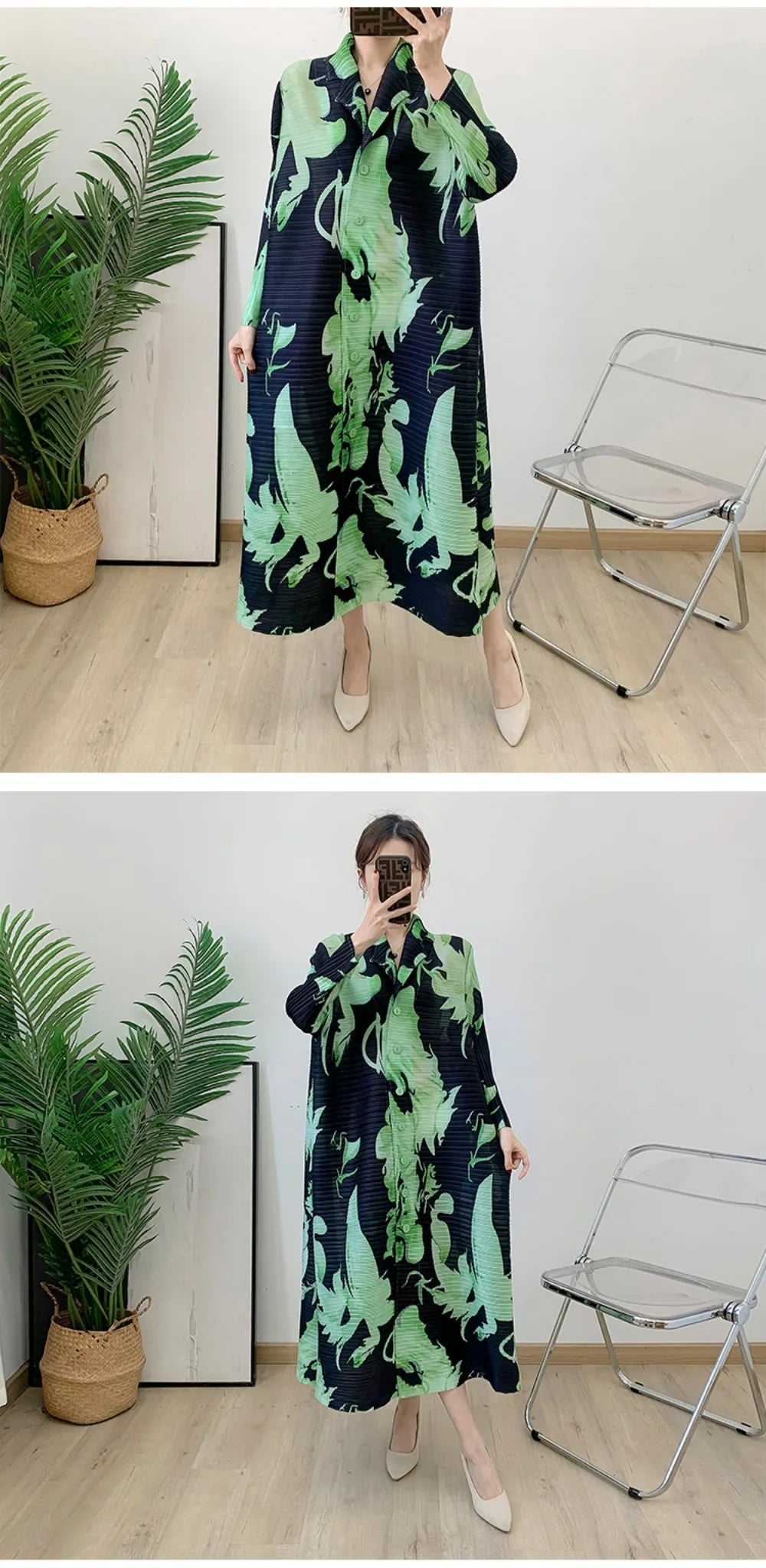 Robe imprimée à col en v pour maman, nouvelle mode d'âge moyen et âgée, manches sept-quarts, jupe plissée verte X, printemps 2025
