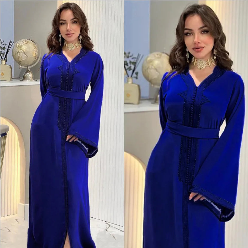 Jalabiya-Robe musulmane élégante pour femmes, caftan moyen, ceinture, Eid, Dubaï, Abaya islamique, Turquie, robes de soirée, Ramadan Abayas