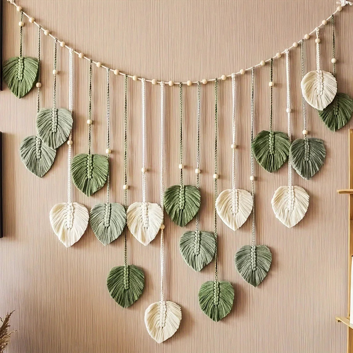 Modern woven wall art, beautiful room decoration, green leaves hanging on the walls, bohemian style, feather, Ramadan Easter gift