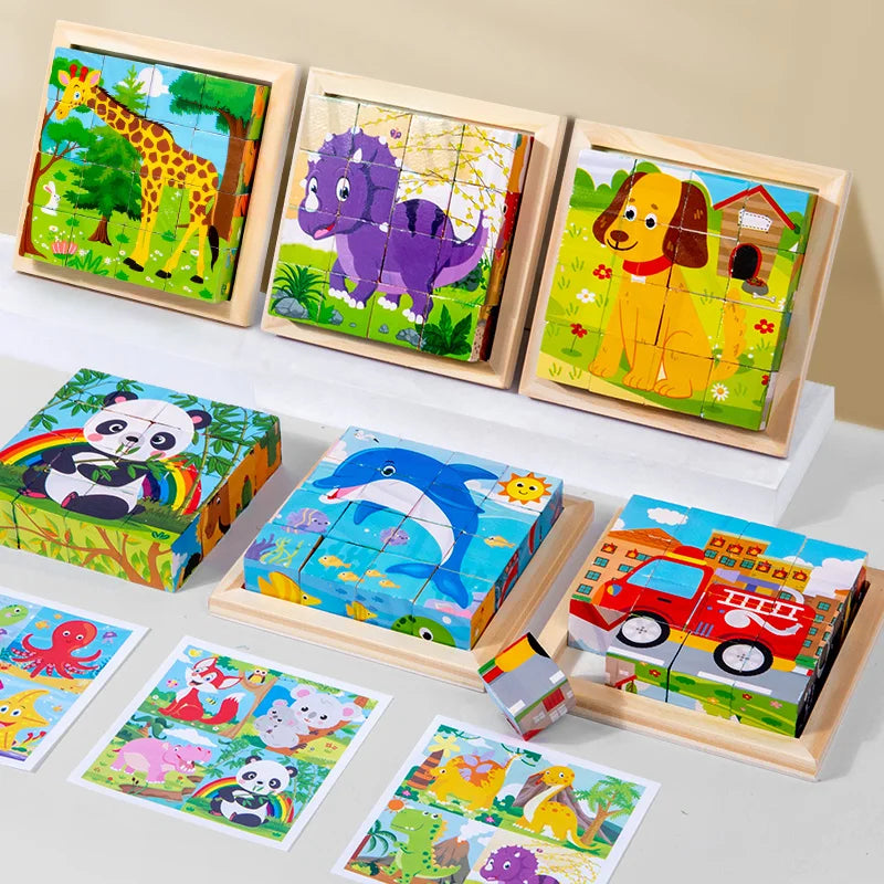 Puzzle en bois peint à Six côtés, blocs de construction tridimensionnels pour animaux de la circulation, jouet éducatif pour l'éducation précoce