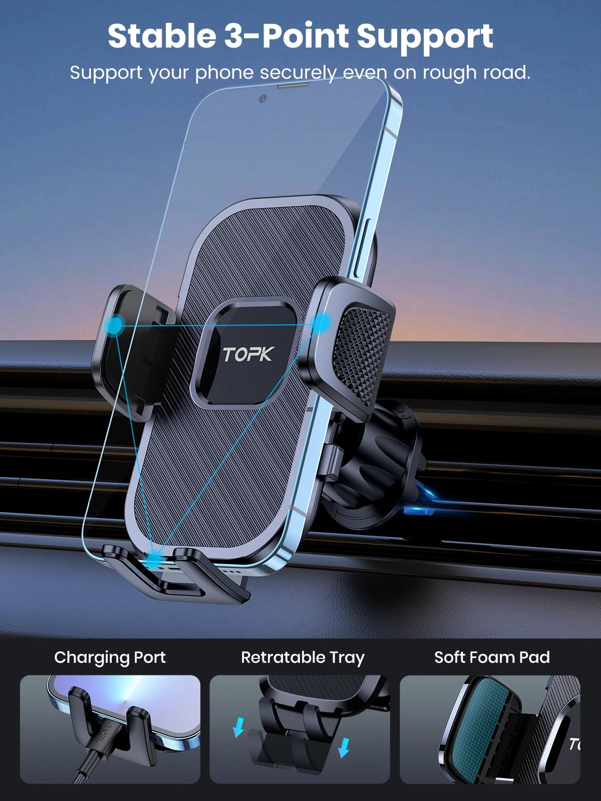 TOPK Support Téléphone Voiture,  Porte Téléphone Rotatif à 360 Degrés pour Grille D'aération de Voiture GPS pour Smartphone iPhone Android