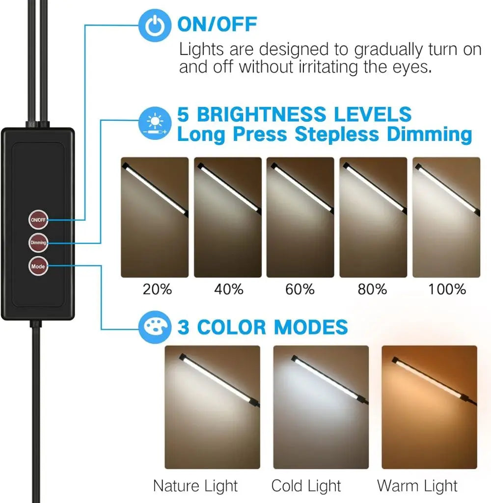 LED desk lamp with clip, dimmable reading lamp, 3 color temperatures, 10 brightness levels, USB clip-on table lamp