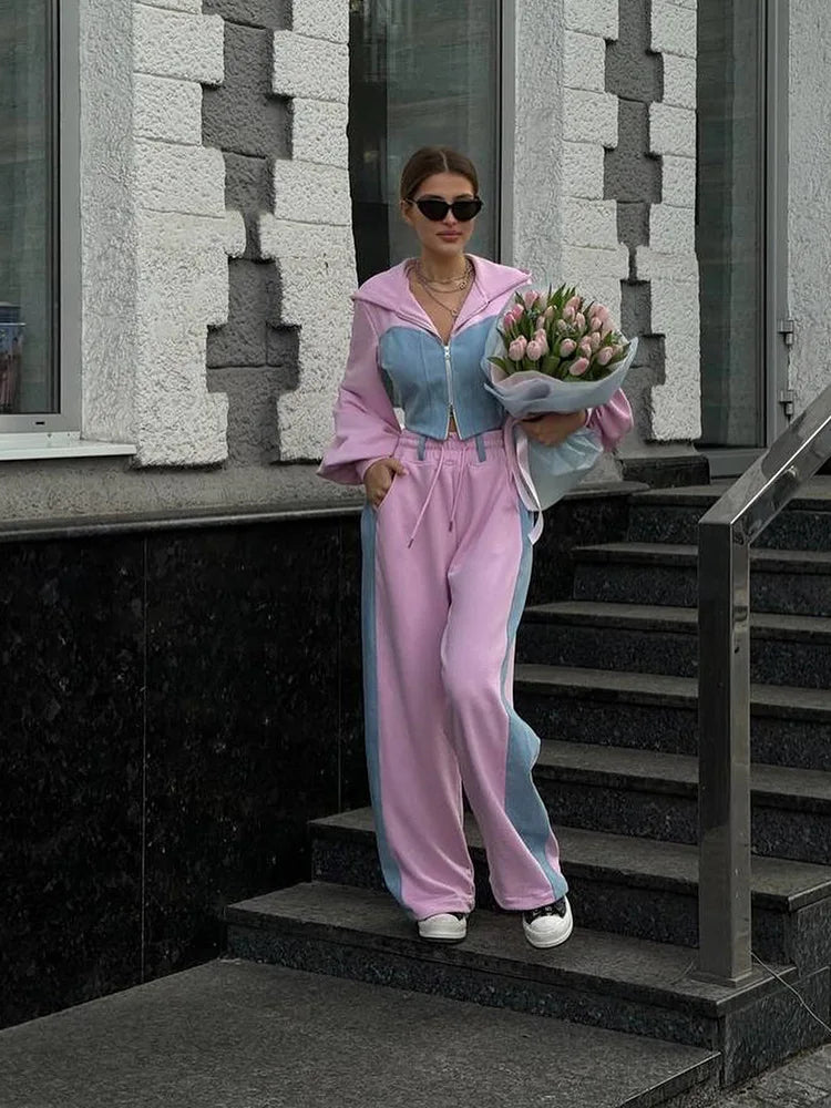Ensemble 2 pièces en denim patchwork pour femmes, tenue décontractée, sweats à capuche minces, haut court, pantalon de survêtement à jambes larges, streetwear imbibé, survêtements à la mode
