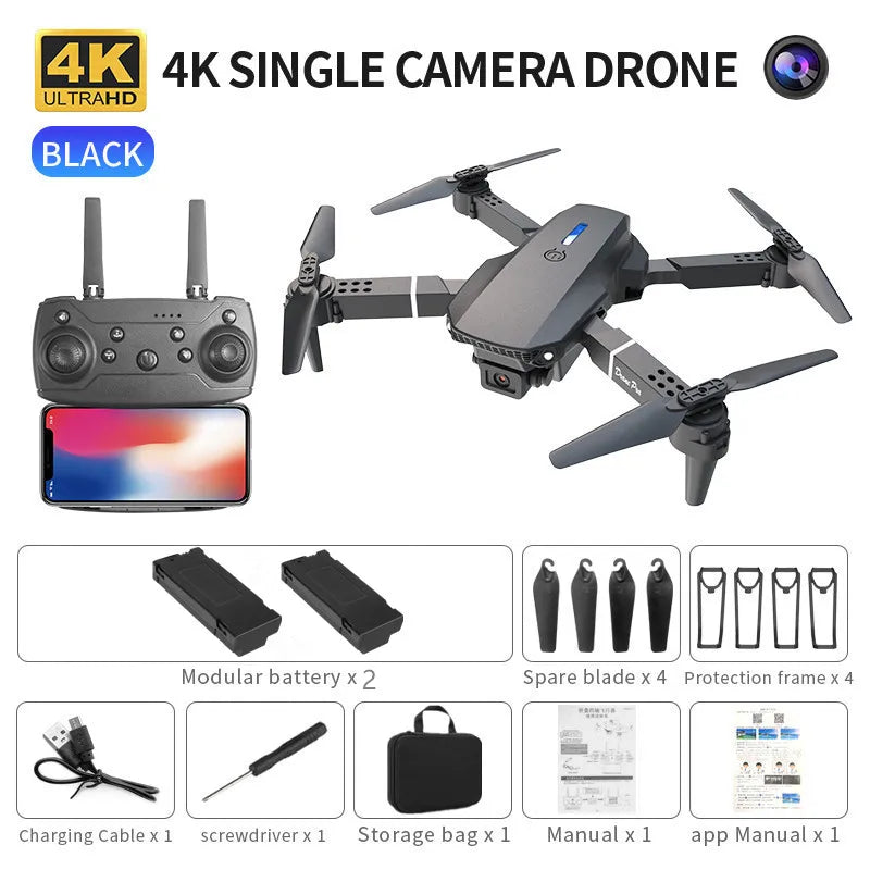 E88 4K Professional Drone, Wide-Angle HD Camera, WiFi FPV, Altitude Hold, Foldable RC Quadrotor Helicopter, Children's Toys (Camera Not Included)