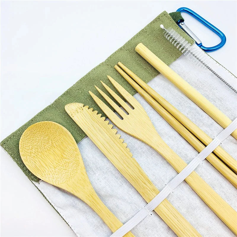 Vaisselle de voyage en bambou, ensemble de couverts en bambou réutilisables avec étui de transport, vaisselle Portable en bois, brosse à dents au charbon de bambou