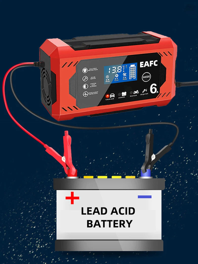 Chargeur de batterie de voiture, grand écran 6a 12V, dispositif de charge de batterie de voiture et de moto, batterie au plomb, réparation intelligente, écran LCD