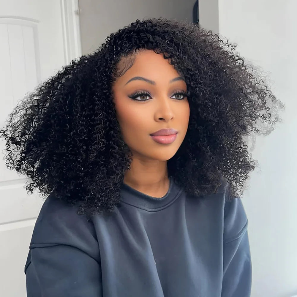 Crépus bouclés rabat sur perruque de cheveux humains demi perruques 250 densité 3 en 1 sans couture débutant amical sans colle porter et aller perruque bouclée