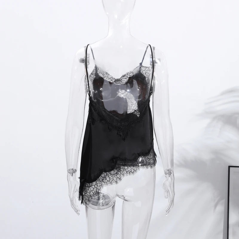 Été femmes haut à licou Satin dentelle épissé réservoir dos nu col profond Sexy gilet ourlet irrégulier robes 2025 dame vacances Sexy hauts