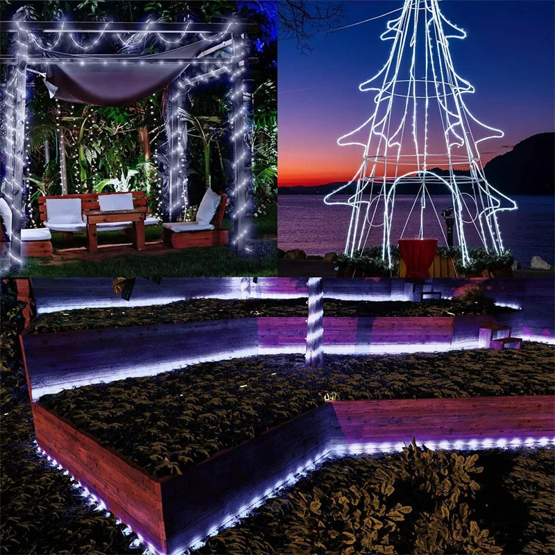 Solar string lights, outdoor tube rope lights, waterproof tube lights for outdoor home, garden, parties, and decorations. LED outdoor lights.