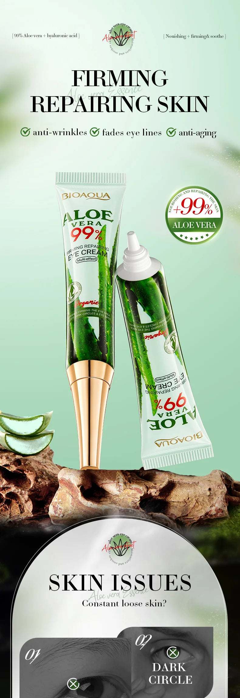 2 pièces/kit BIOAQUA Aloe Vera ensembles de soins de la peau crème pour les yeux du visage hydratant raffermissant crèmes à l'aloe vera ensemble de soins de la peau du visage