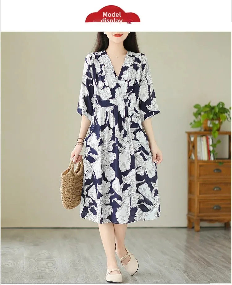 Robe mi-longue amincissante pour femmes, grande taille, imprimé Vintage, ceinture, taille ample, nouveau Style, longueur aux genoux, col en v, Fiber de Polyester, été