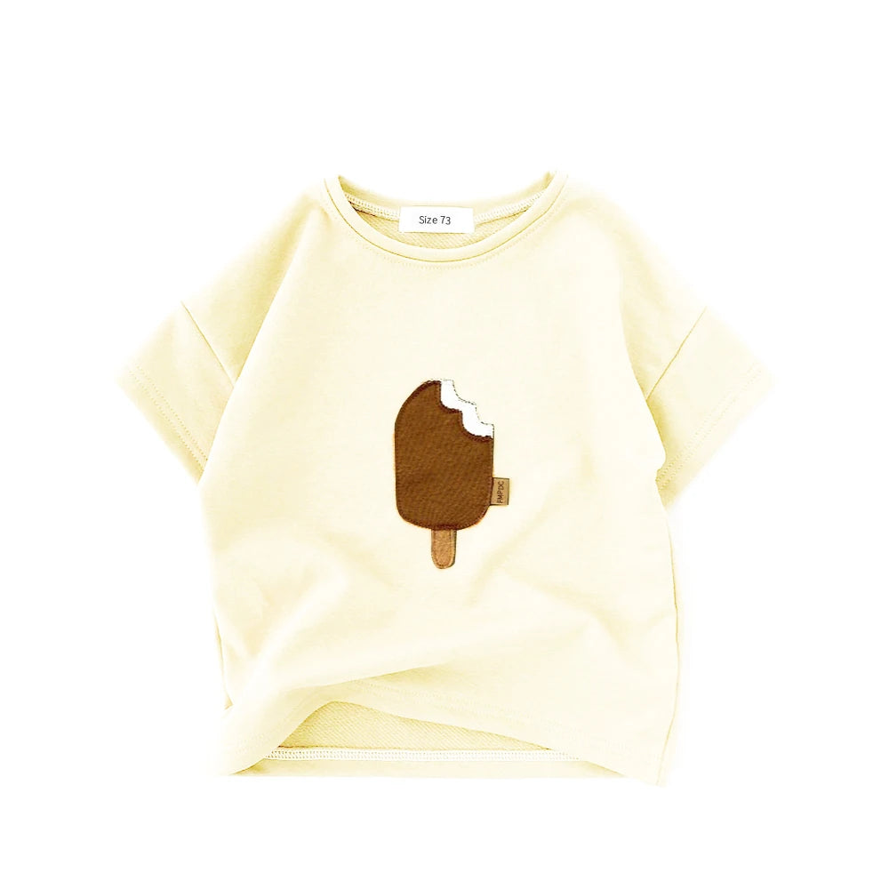 T-shirt à manches courtes en coton pour enfant, vêtement d'été pour bébé garçon et fille, avec impression de crème glacée et dessin animé