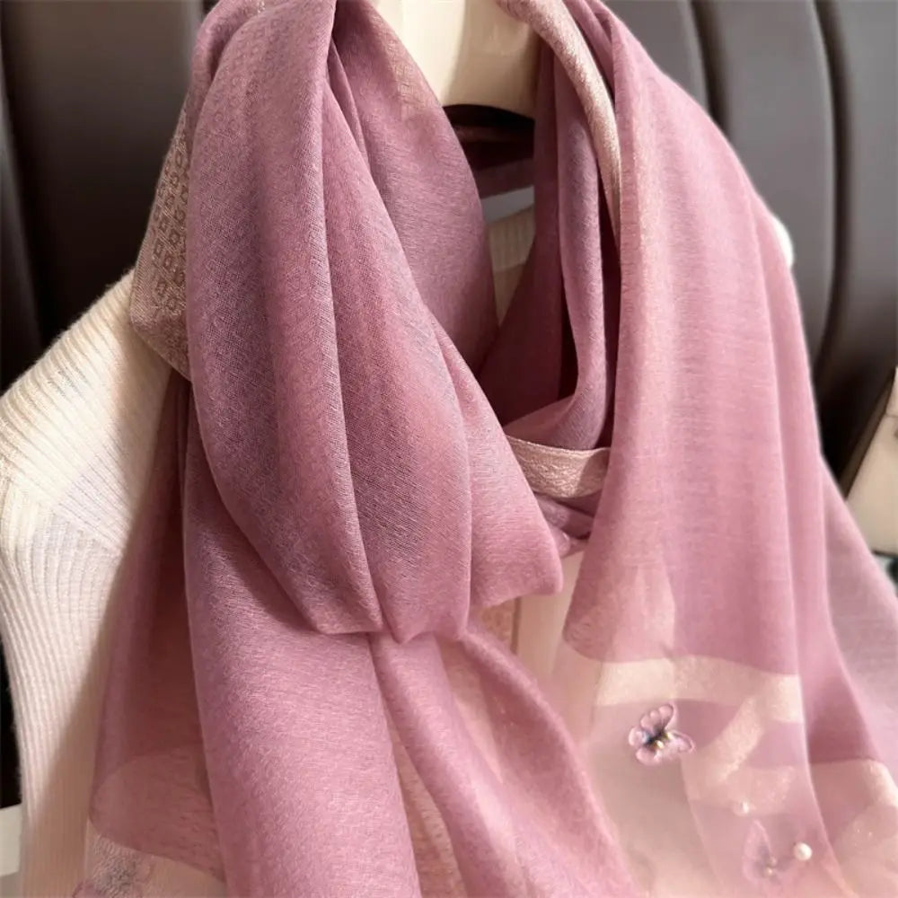 Grand Foulard Fin et Élégant avec Broderie Papillon, Châle Hijab de Luxe pour Femme