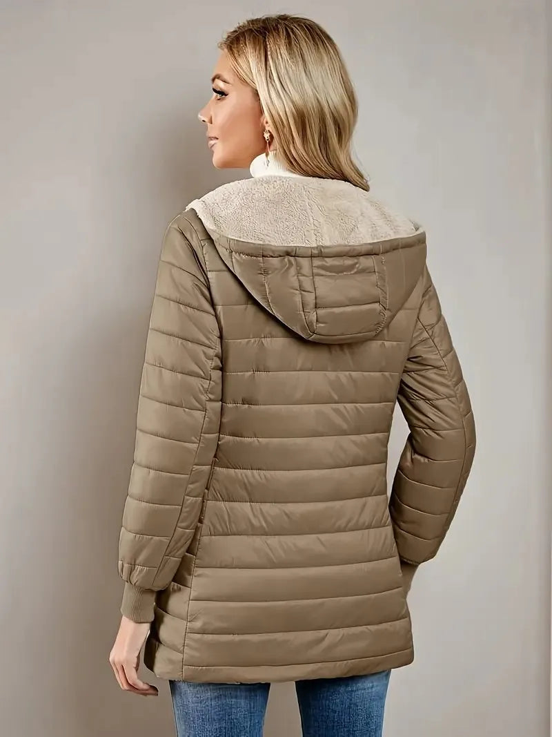 Women's fleece-lined cotton jacket, warm top, loose fit, lightweight, hooded, cotton coat, street style, trendy, autumn/winter