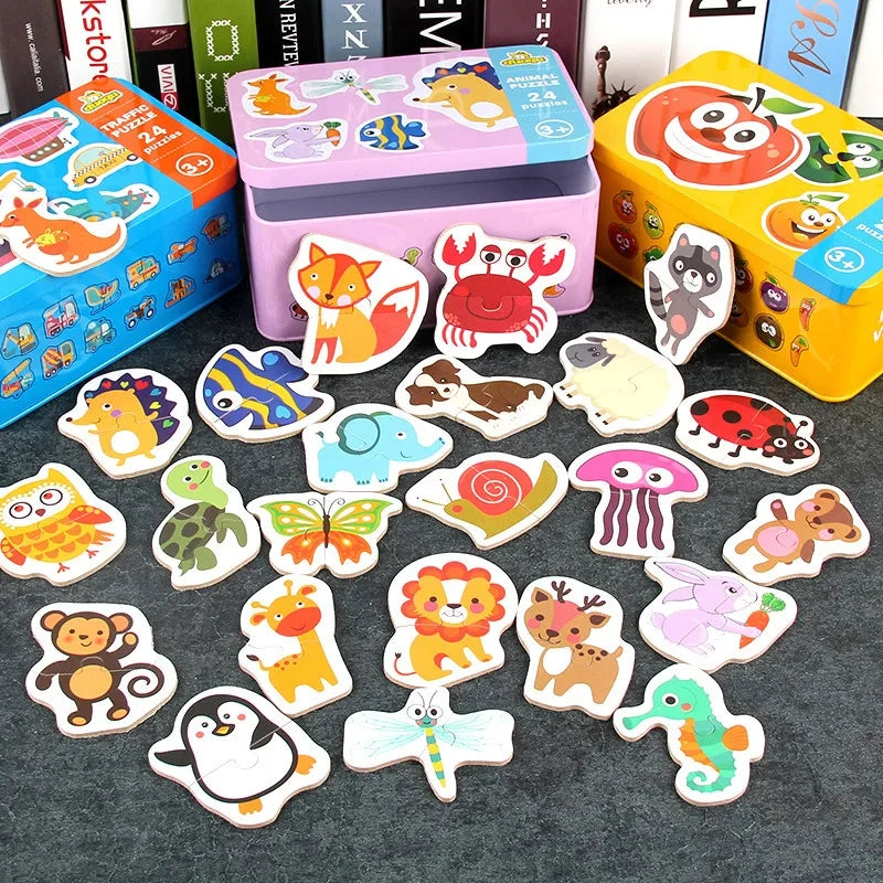 Puzzle en bois pour bébé jouets Montessori dos boîte en fer pour enfants de 2 3 et 4 ans