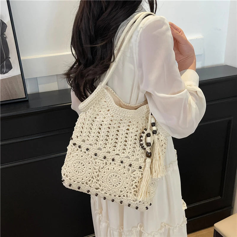 Sac à main tissé de grande capacité, sac à bandoulière ajouré, fourre-tout en Crochet, fourre-tout bohème tissé pour femmes, sacs de Shopping tricotés