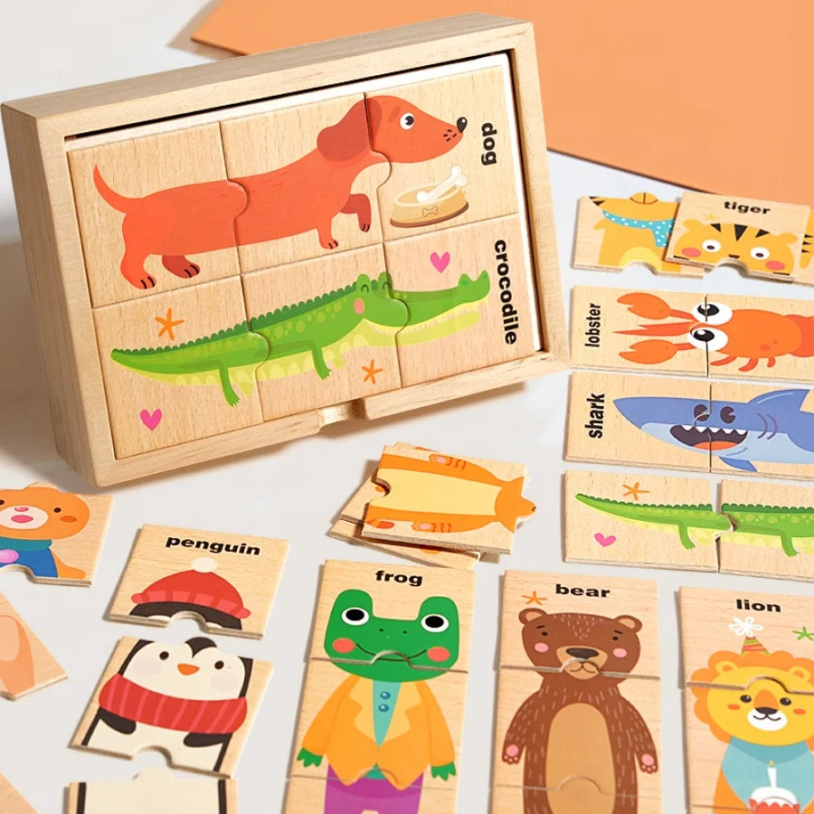 Puzzle assorti en forme d'animal de dessin animé pour enfants, planche de puzzle de cognition de mots anglais pour l'éducation précoce des bébés, jouet en bois