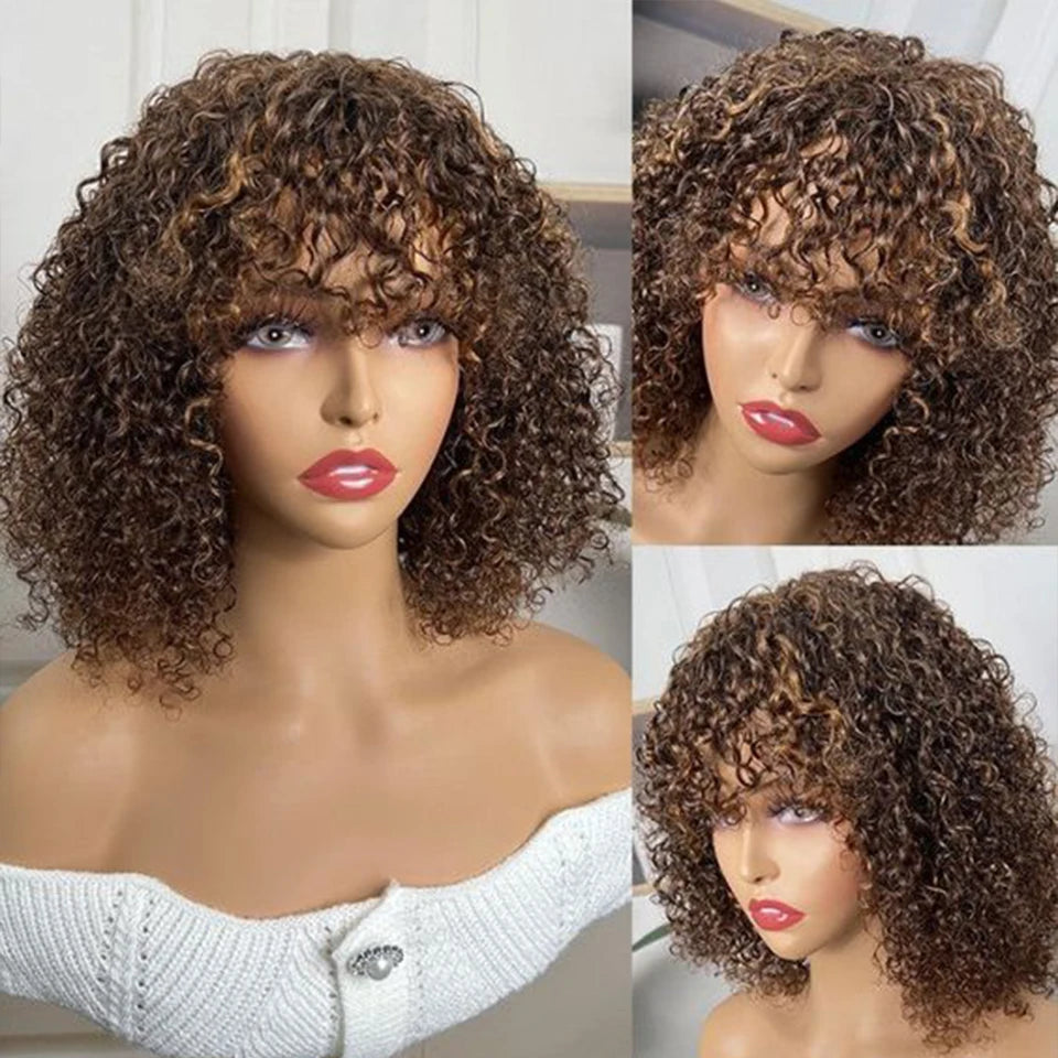 Perruques de cheveux humains Pixie Cut Bob avec frange pour femme, perruque pleine machine bouclée, surbrillance, couleur blond miel, court, caution