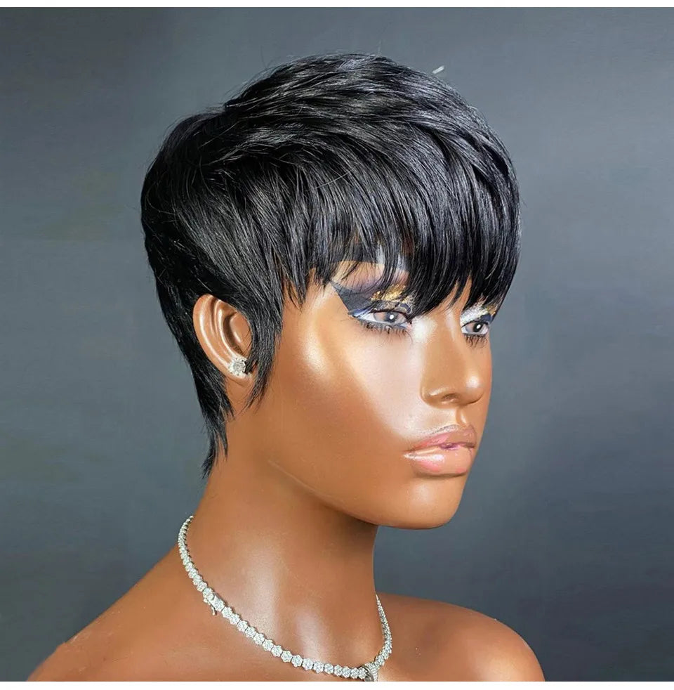 Short wigs for women, human hair wigs, pixie cut, machine-made real human hair wigs, pixie wigs, short haircuts, straight wigs