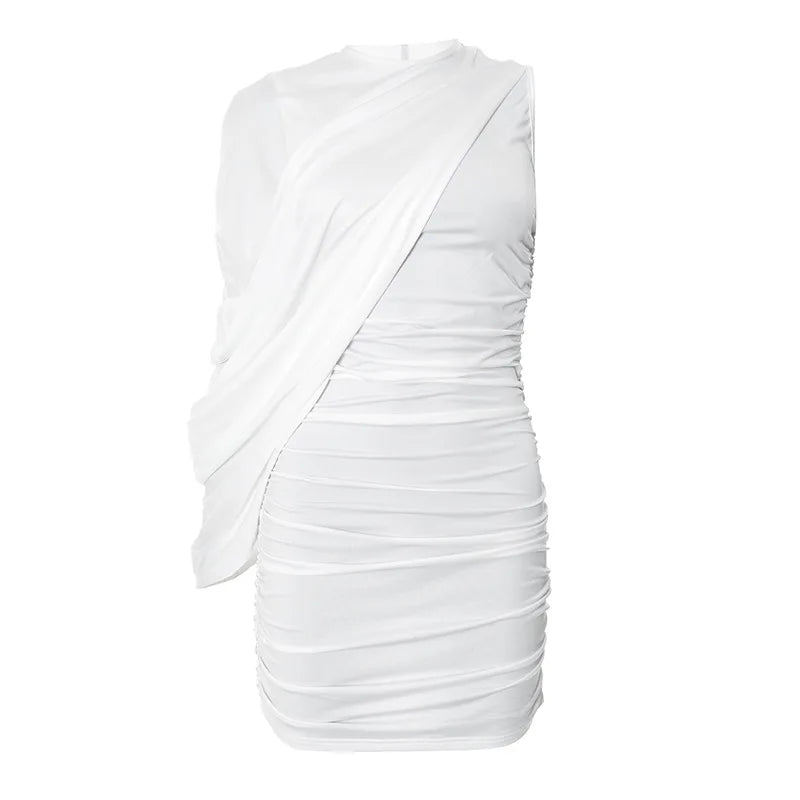 Joskaa – Mini robe plissée élégante, col rond, asymétrique, manches simples, façonnant le corps, pour femmes, vêtements de club de fête de vacances d'été, 2025