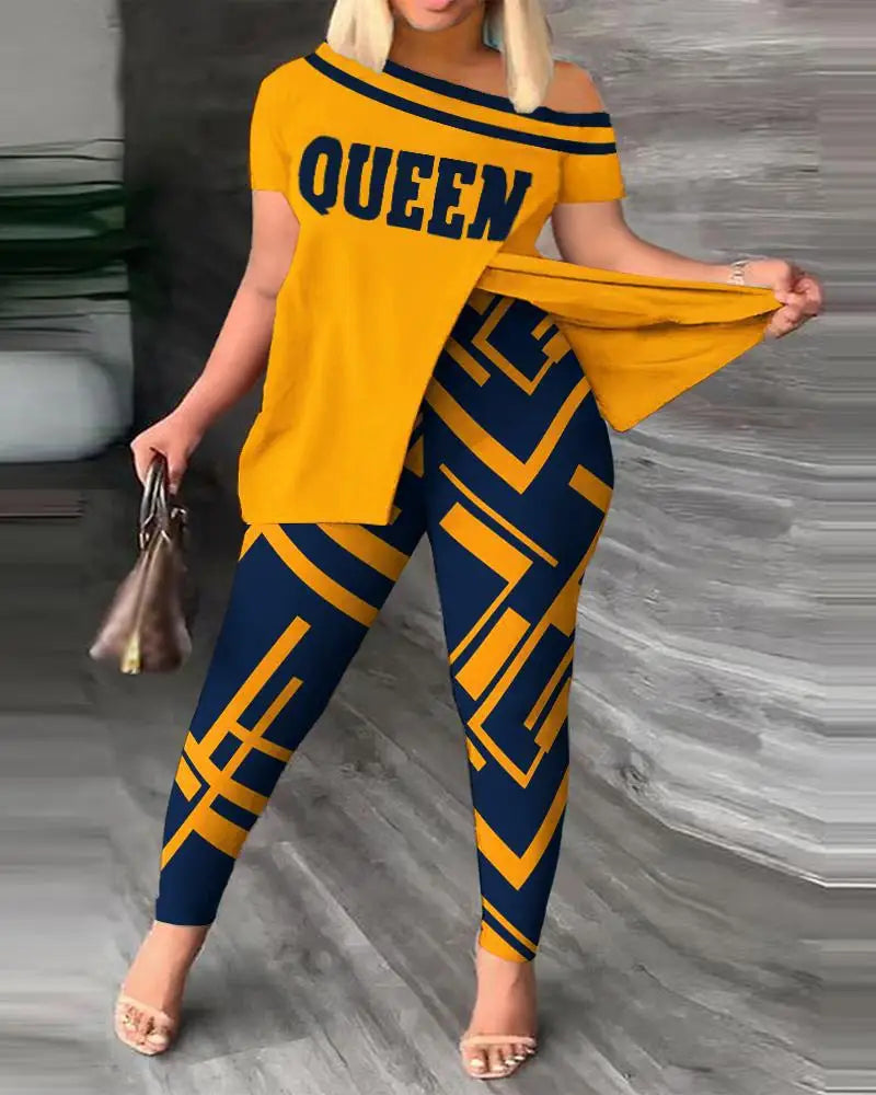 Ensemble deux pièces élégant pour femmes, nouvelle mode, imprimé, manches à volants, haut, pantalon de couleur unie, avec ceinture, chemisiers, vêtements féminins