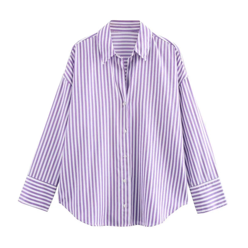 ETJ 2025 femmes printemps nouvelle mode européenne-américaine rayé à manches longues revers version ample popeline chemise sélection multicolore